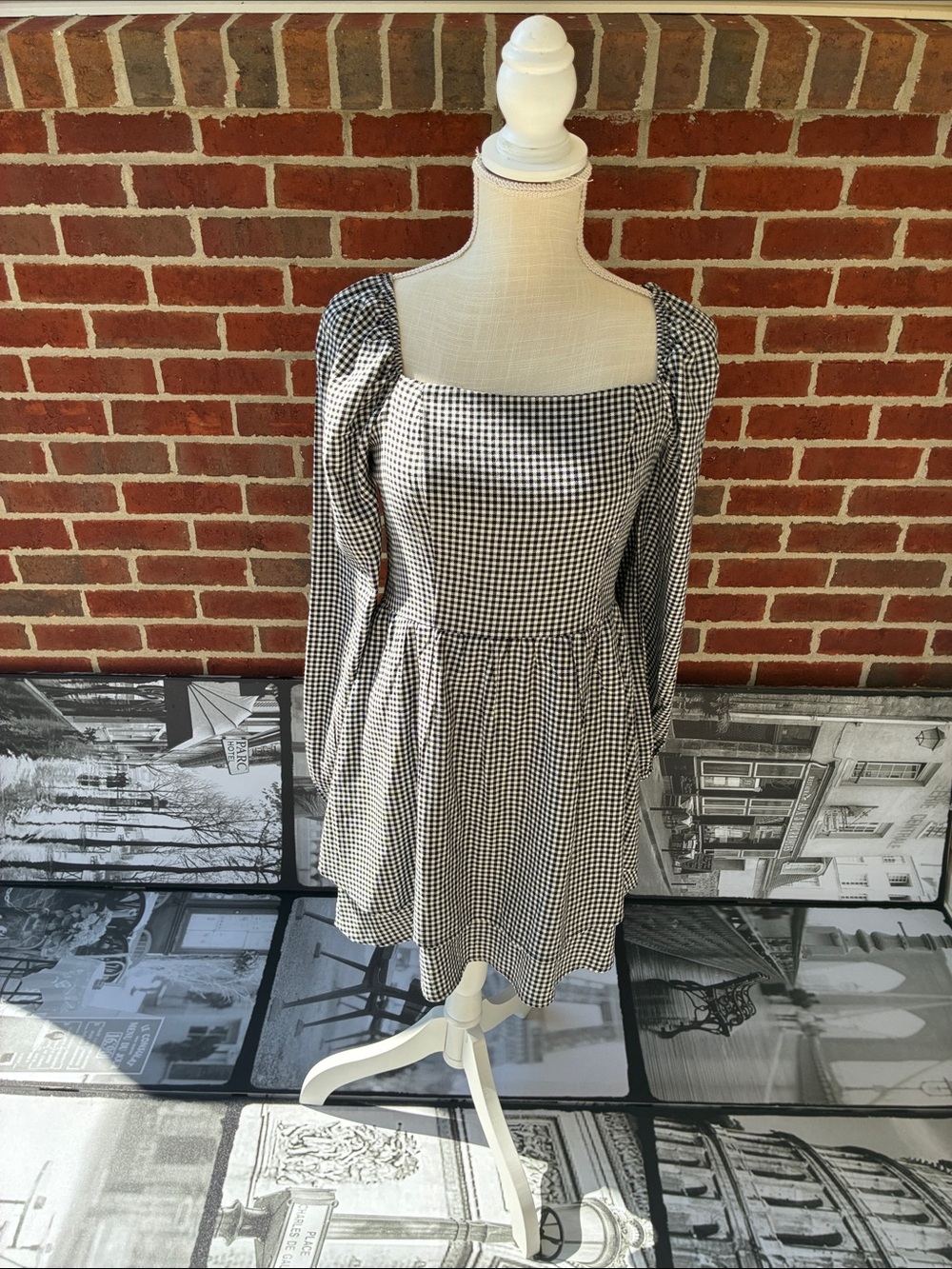 Juniors Copper Key Black & White Gingham Square-Neck Mini Dress